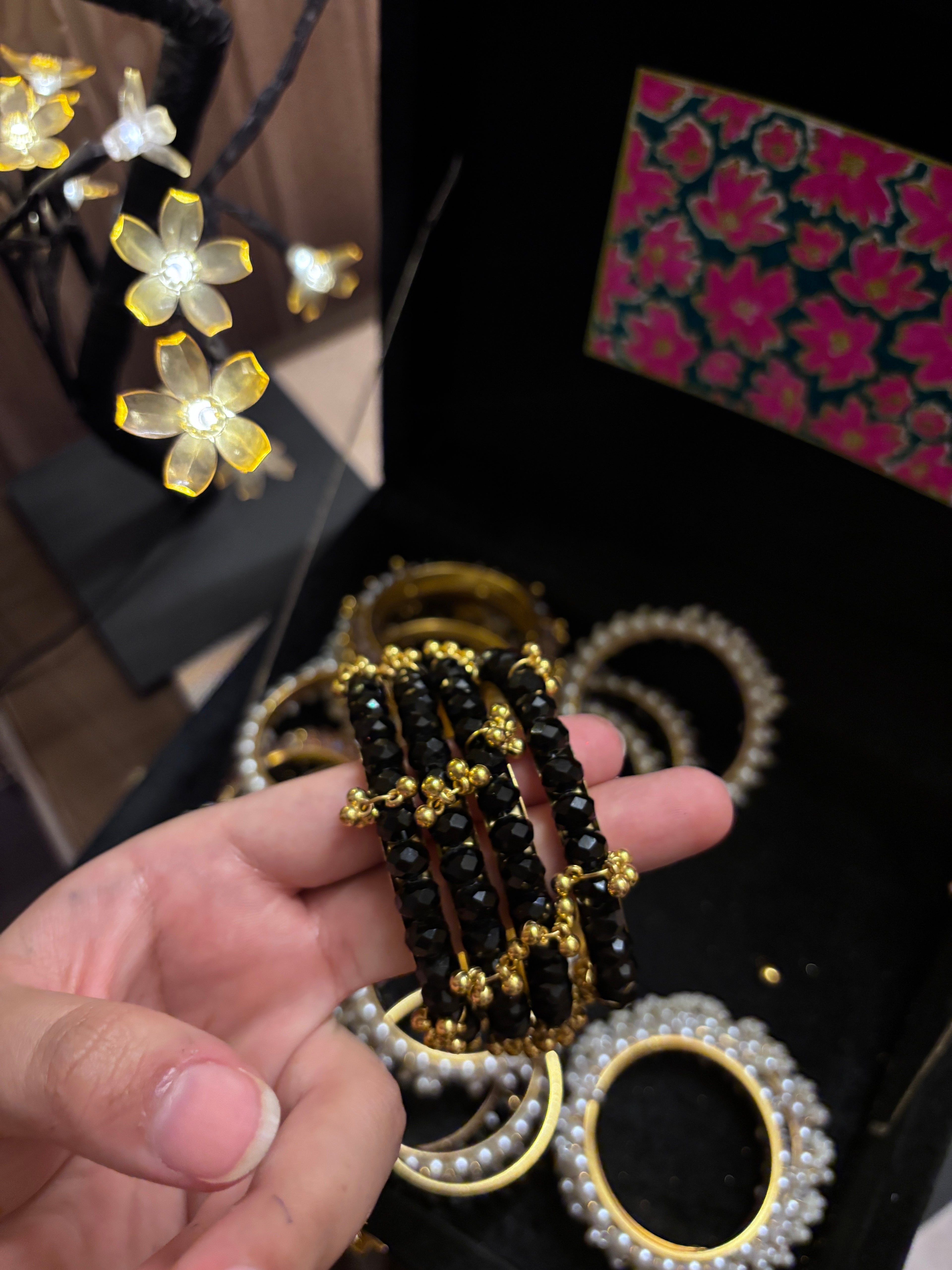 Elegant Black Crystal Chooriyan with Ghungroo | Traditional Desi Bangles