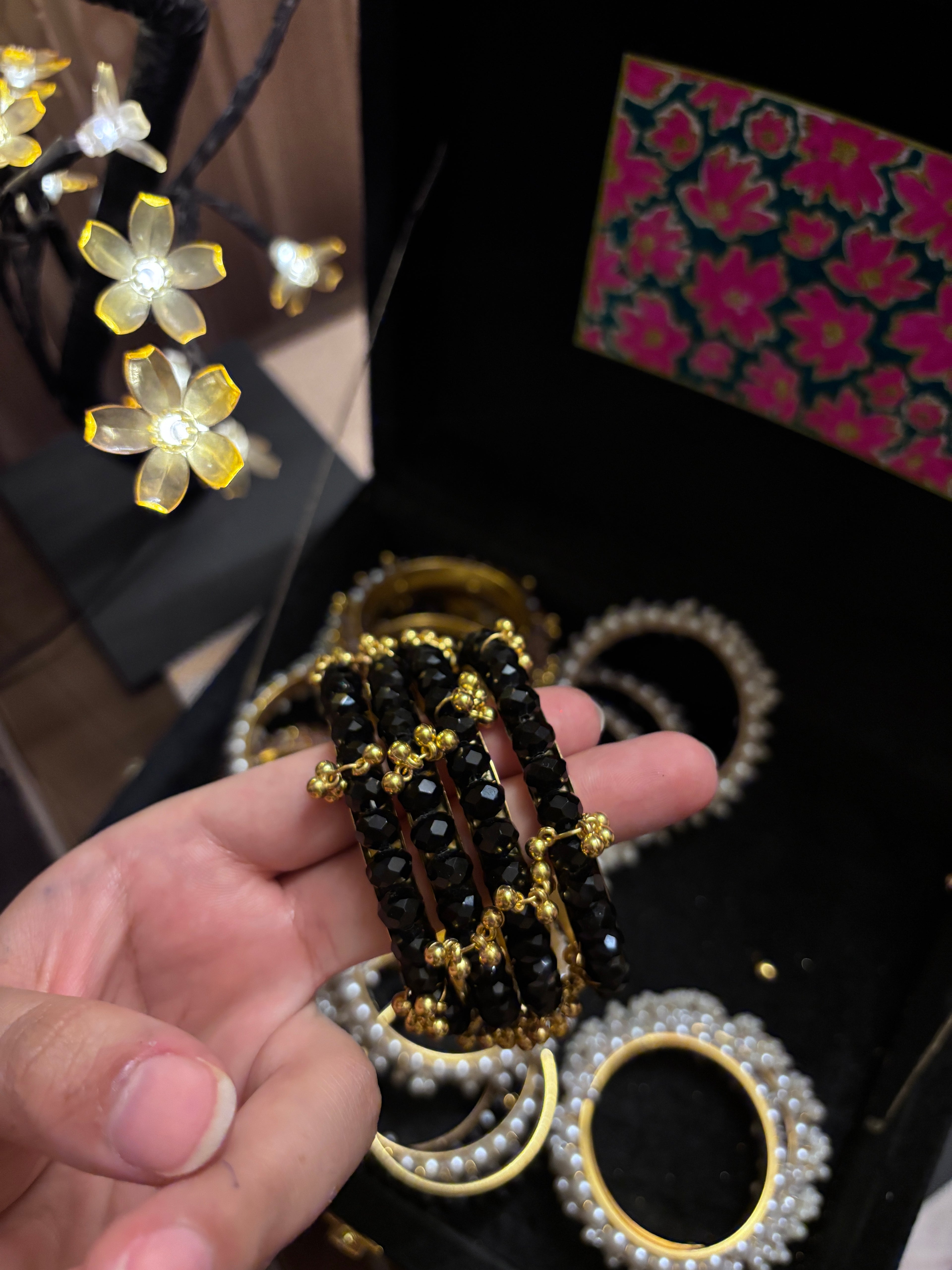 Elegant Black Crystal Chooriyan with Ghungroo | Traditional Desi Bangles