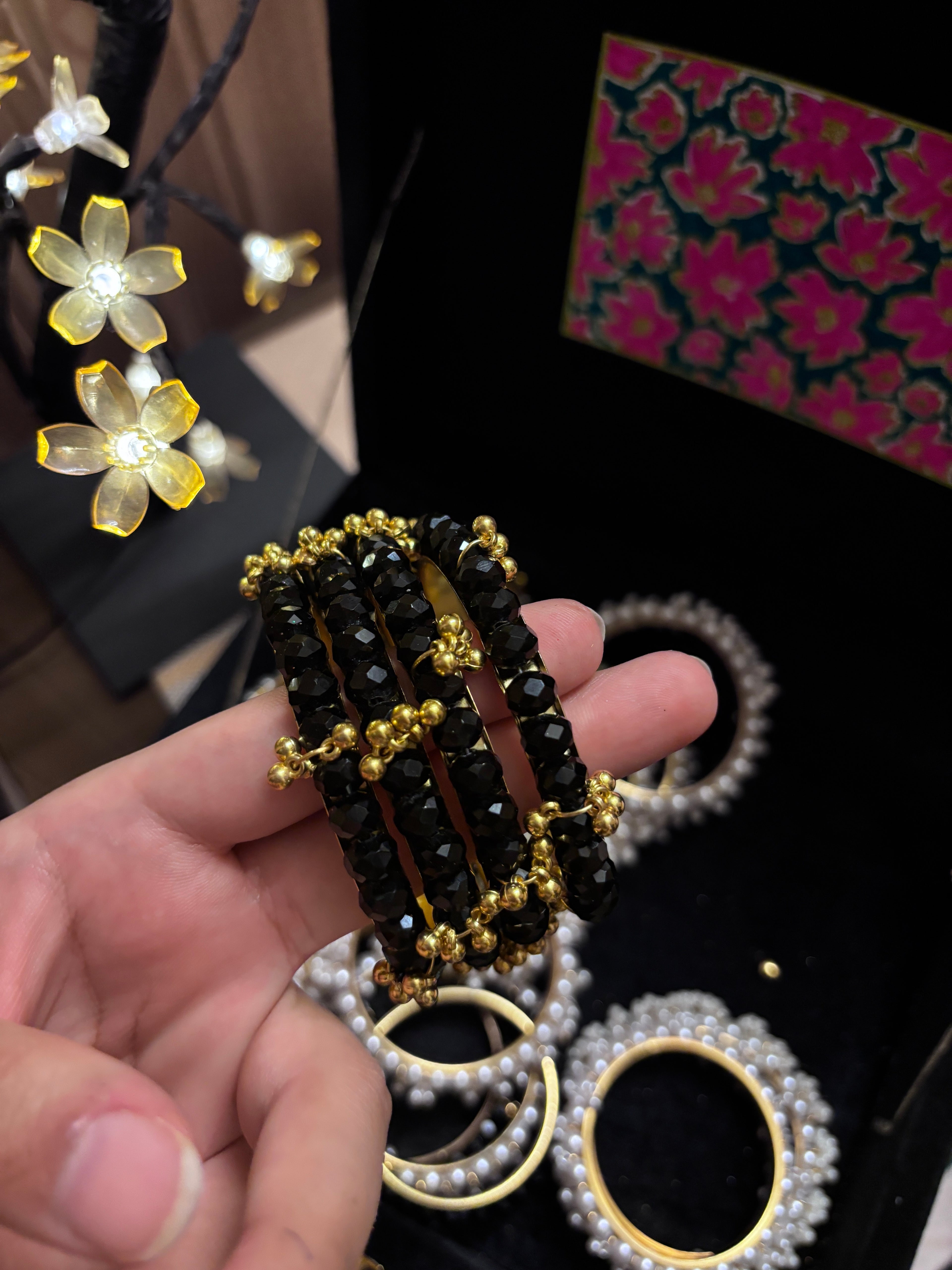 Elegant Black Crystal Chooriyan with Ghungroo | Traditional Desi Bangles