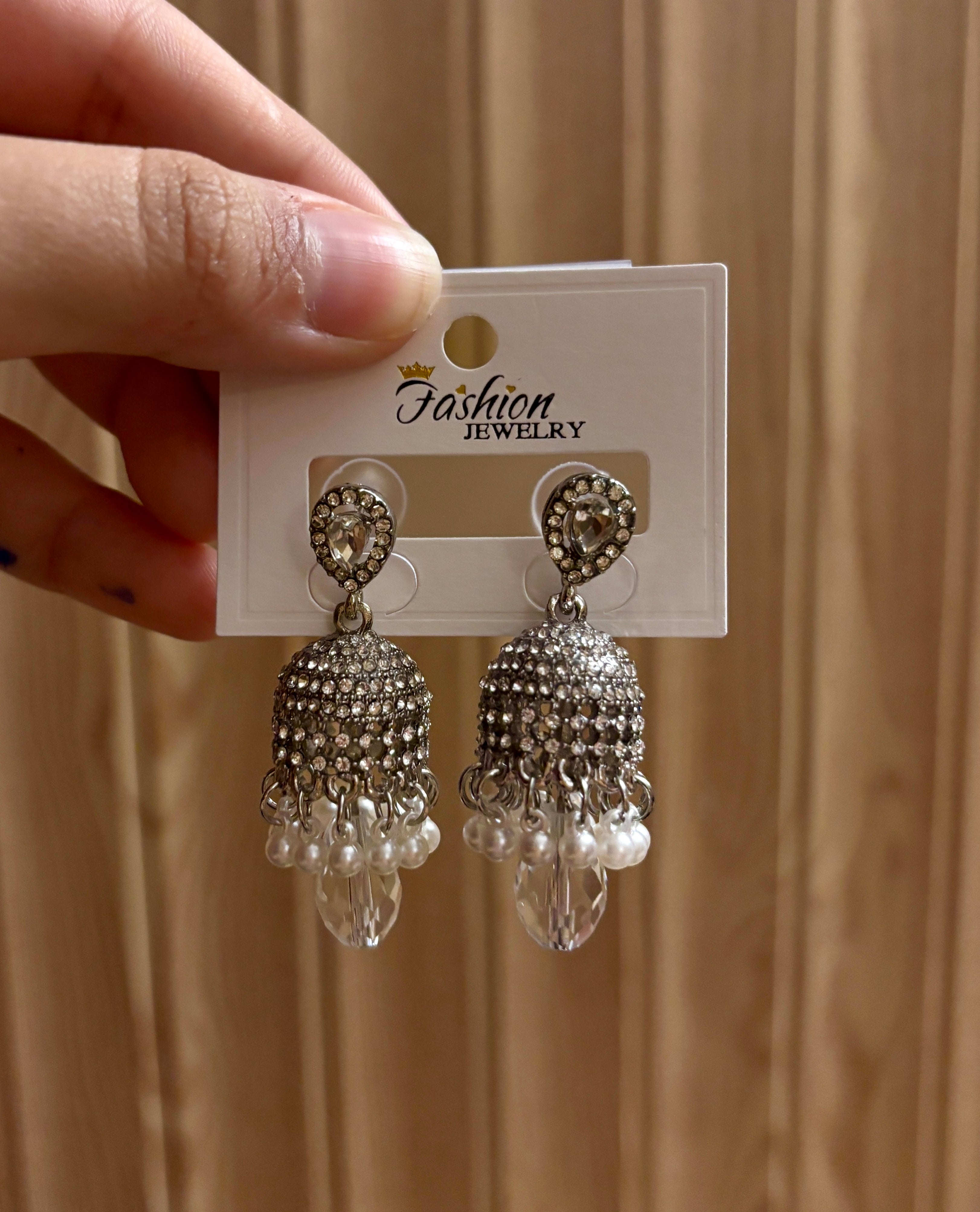 Silver Crystal Pearl Jhumka