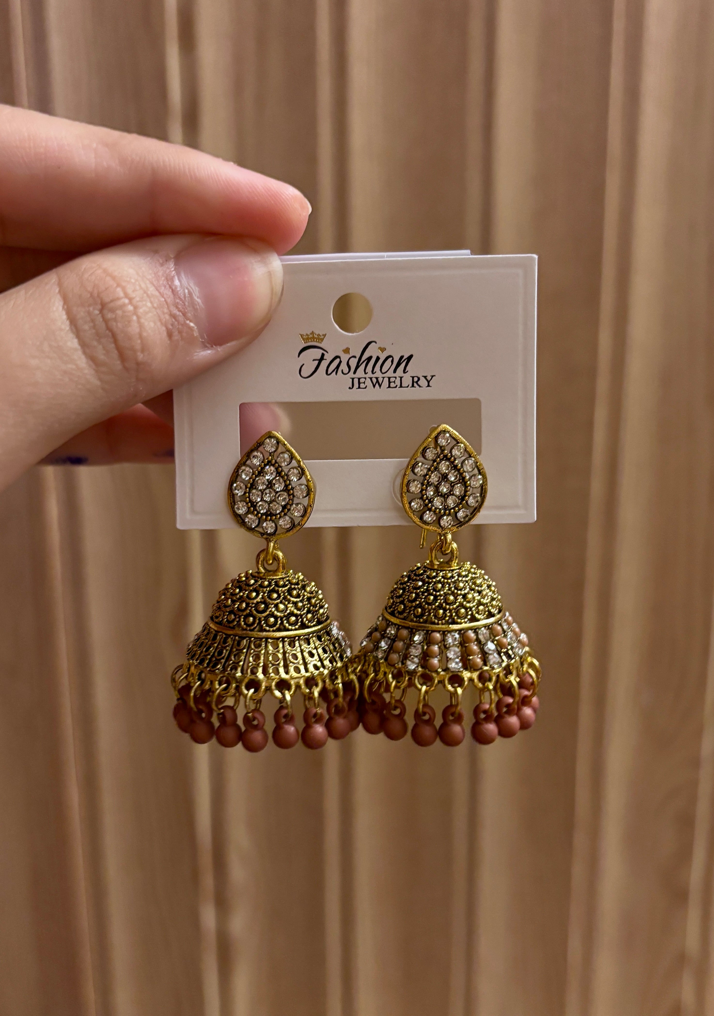 Gold Jhumka with Brown Beads